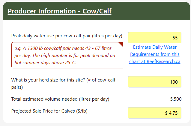 Producer Information - Cow-Calf in the BCRC's Economics of Water Systems Calculator