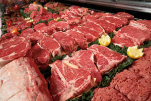 marbled beef in a meat case